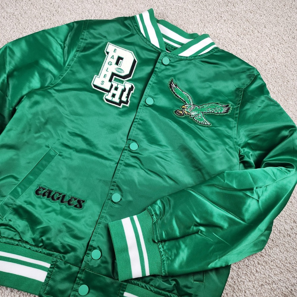 NFL Pro Standard Philadelphia Eagles Varsity Jacket Kids Green Satin Bomber NWT